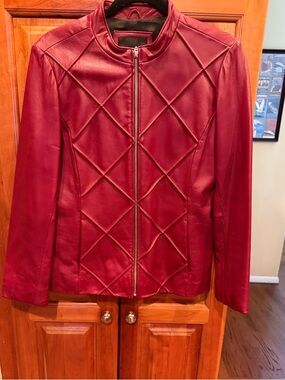 Women’s Red Genuine Leather Zip-Front Jacket